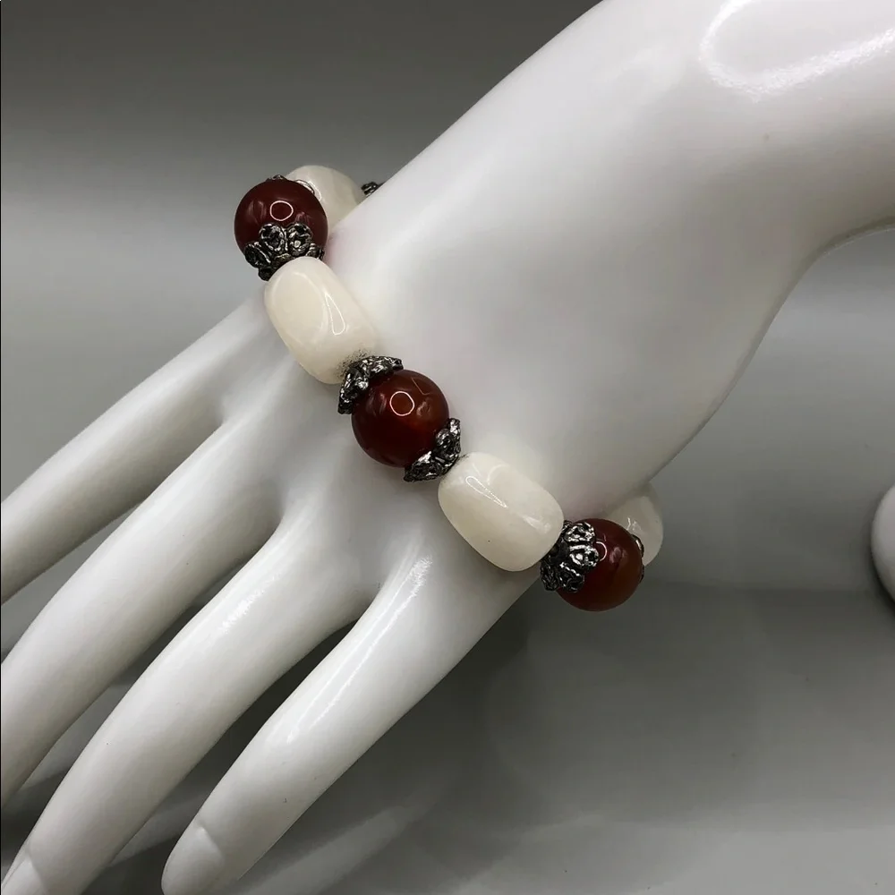 Polished stone gemstone quartz and carnelian agate bead roll on bracelet boho.